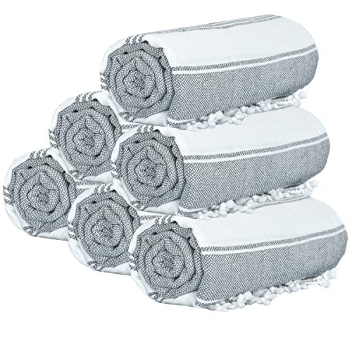 GLAMBURG Peshtemal Turkish Towel - Beach Towels Oversized 36x71 Set of 6, Soft Durable Absorbent Extra Large Bath Sheet Hammam Towel for Adults - Charcoal Grey