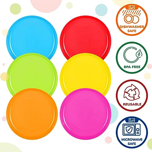 Kids Plates Set of 12 - BPA Free Toddler Plastic Dinnerware, Bright Colors, 7 Inch Small