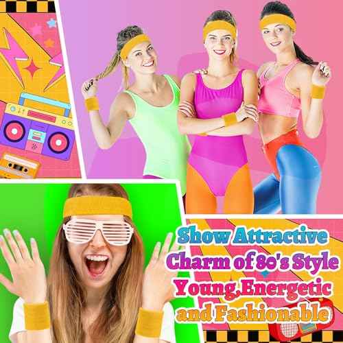 Neon Sweatbands Set, 80s Headband and Wristband Sweatbands for Women Men, Wicking Bands for Sports, Party Costume Accessories