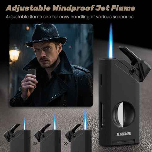All-in-one Torch Lighter, with Portable Design, Cutter, Holder, Adjustable Flame, Multi-Functional Lighter Accessories, Refillable Butane Lighter, Candles, Elegant Gift for Men, Outdoors (Without Gas)