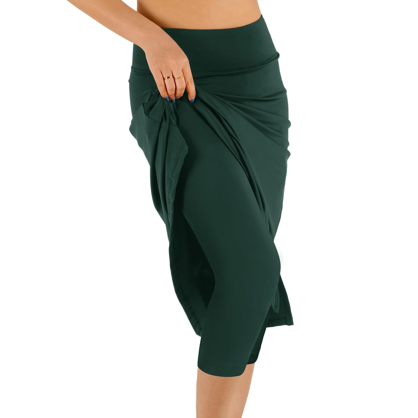 CZRLHYT Women's Green Solid Midi Skort with Shorts, Size Medium (30 inches), 2 Pockets, High Rise, Regular Fit, Machine Wash, Perfect for Work, Date, or Casual Wear