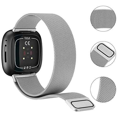 Metal Band Compatible with Fitbit Sense 2 /Sense Bands/Versa 4 / Versa 3 Bands Women Men, Stainless Steel Mesh Loop Strap for Fitbit Sense 2/Sense/Versa 4/Versa 3 Smart Watch (Large,Silver)