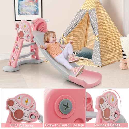 BABY JOY Toddler Slide, 3 in 1 Folding Baby Slide Climber Playset, Freestanding Slide with Long Slipping Slope, Basketball Hoop, Indoor and Outdoor Playground for Kids Boys & Girls Gift Present