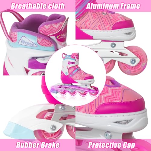 Kids Adjustable Inline Skates Pink Large US 5-8 with Light Up Wheels