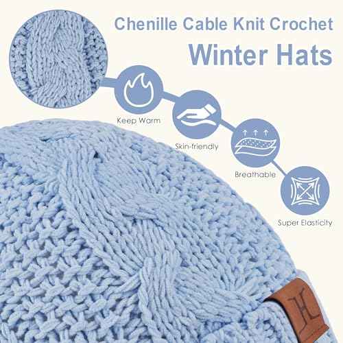 Women Winter Beanie Hats Knit Pompom Slouchy Beanies Fleece Lined Chenille Womens Hat Cold Weather Gifts for Women