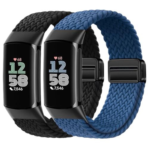 Elastic Soft Braided Bands for Fitbit Charge 6/5 - Black & Sea Blue, Women Men