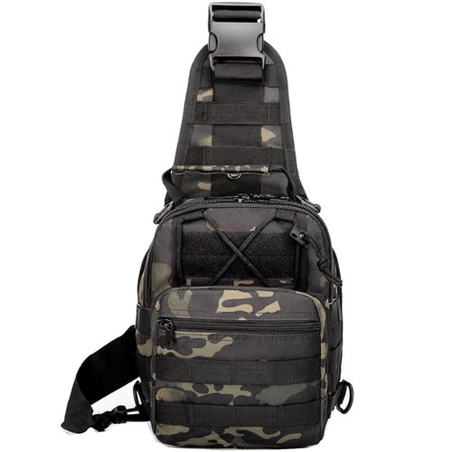 RTGGSEL Men's Camouflage Tactical Sling Shoulder Bags Travel Military MOLLE EDC Crossbody Chest Bag with USB Charging Port (String Black Camo)
