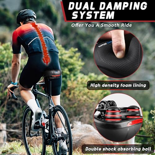 Comfortable Bike Seat, Bike Saddle with Memory Foam Padded, Wide Bicycle Seat with Dual Shock Absorbing and Night Reflective Strips for Men Women