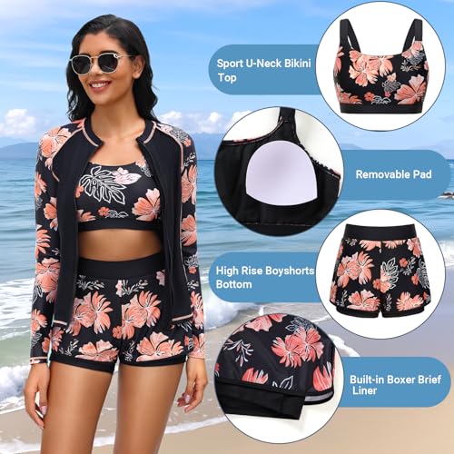 Daci 3-Piece Rash Guard Set with 3" Shorts - Large Black Floral