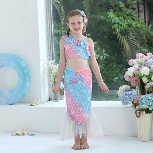 GALLDEALS Girls Swimsuit 3 Piece Bathing Suits Flounce Ruffle Tankini Set Beach Swimwear with Cover Ups Skirt for 3-10 Years