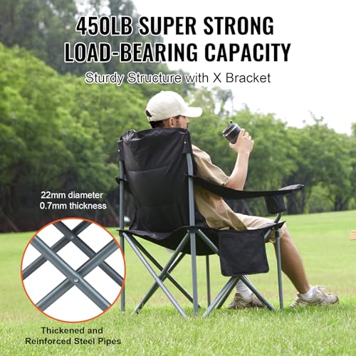 VEVOR Oversized Camping Folding Chair 1 Pack Heavy Duty Portable Outdoor Seat with Lumbar Support and Cooler Bag