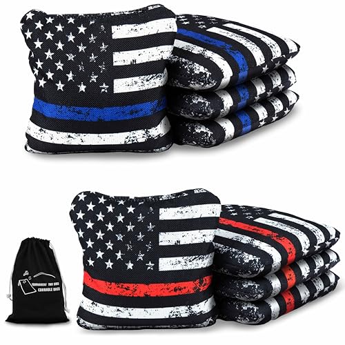 American Heroes Cornhole Bags Set of 8 - Regulation Size & Weight - Blue/Red Line