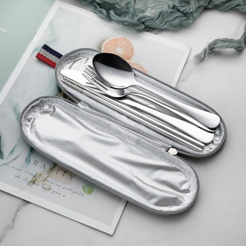DEVICO Travel Silverware Set with Case - 5 Pcs Portable Stainless Steel Utensils