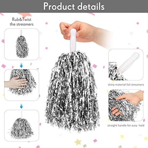 Silver Cheerleading Pom Poms with Baton Handle Bulk 60 Pieces - Reusable & Vibrant