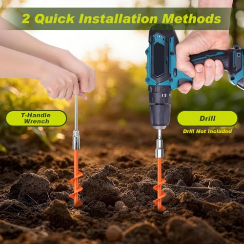 Heavy Duty Spiral Ground Stakes - Orange, 4-Pack with Drill Bit & T-Handle Tool