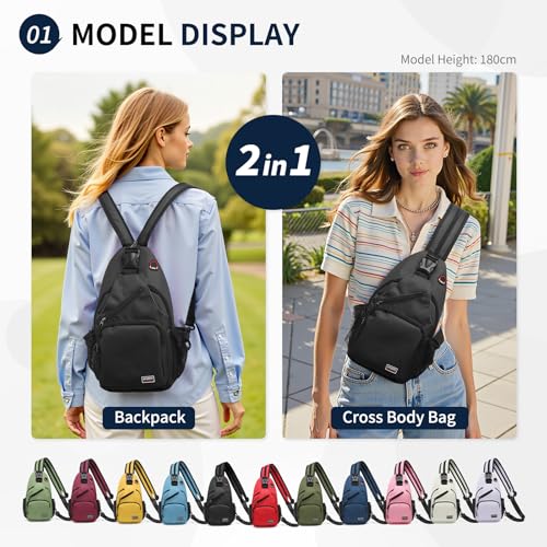 Convertible Sling Bag Crossbody Backpack, 12.9-Inch Pads Bags with Headphone Jack Shoulder Bag Casual Pack for Women Men Hiking Travel Cycling (Black)