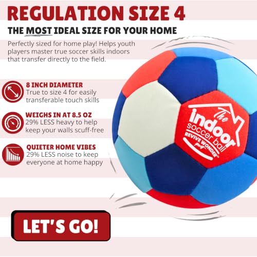 Indoor Soccer Ball Size 4 - Soft Padded, High Visibility, Pump Included - Red White Blue Variation