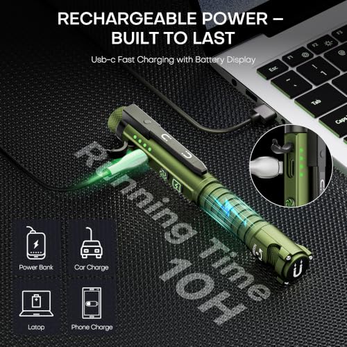 Green Rechargeable EDC Flashlight with Magnetic Clip & 11 Modes - 800 Lumens