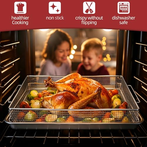 Geesta Stainless Steel Air Fryer Basket with 50 Recipes 16.5x12.5 Inch Extra Large Tray