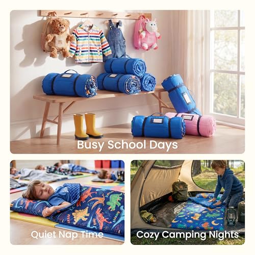 Toddler Nap Mat with Removable Pillow & Minky Blanket - Dark Blue Dinosaur