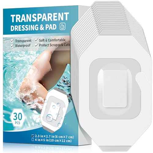 Geiserailie 30 Pack Transparent Film Dressing with Pad, Waterproof Adhesive Bandages, Wound Cover Patches, Clear Barrier Film for Showering, Swimming, Tattoo(2.36 x 2.76 Inches)