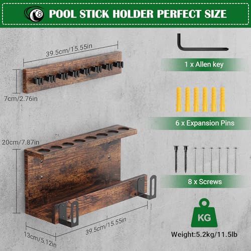Wall Mount Pool Cue Rack - Farmhouse Brown - Holds 6 Cues, Accessories
