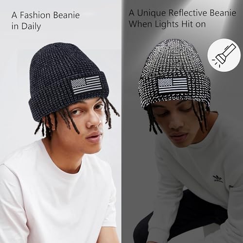 Ababalaya American Flag Knit Watch Cap, Satin Lined USA Multi-Season Army Military Tactical Beanie, Reflective Beanie