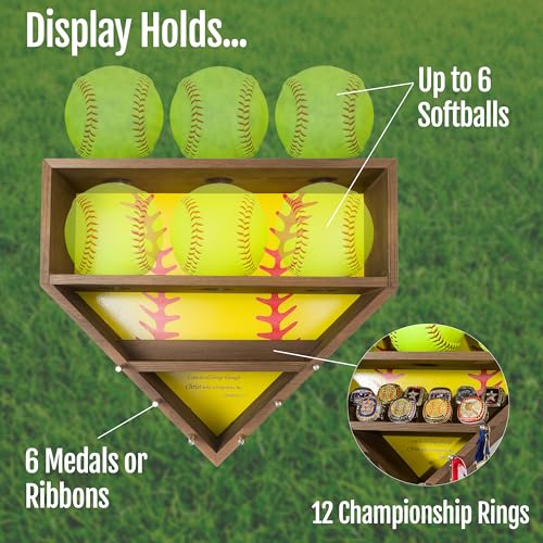 Wooden Softball Display Case Wall Mount for Medals & Rings - Collection Holder