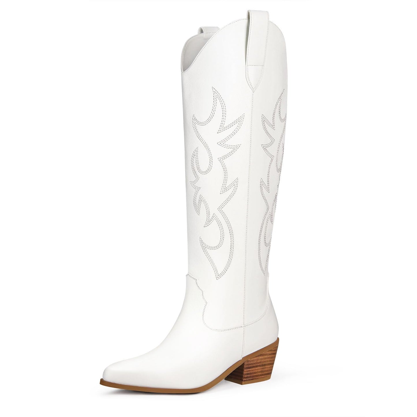 Ouepiano White Cowgirl Boots Women Cowboy Knee High Tall Boots Chunky Heel Pointed Toe Pull-On Western Wide Calf Boats Country Fashion (White, Size 8)