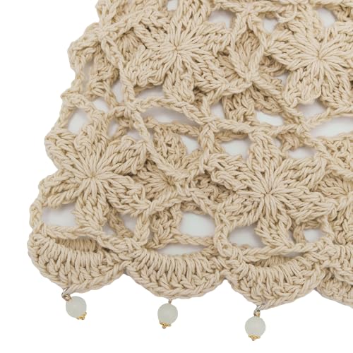 Women Cotton Crochet Skull Cap Beanie Hat - One Size Beige Beads Variation