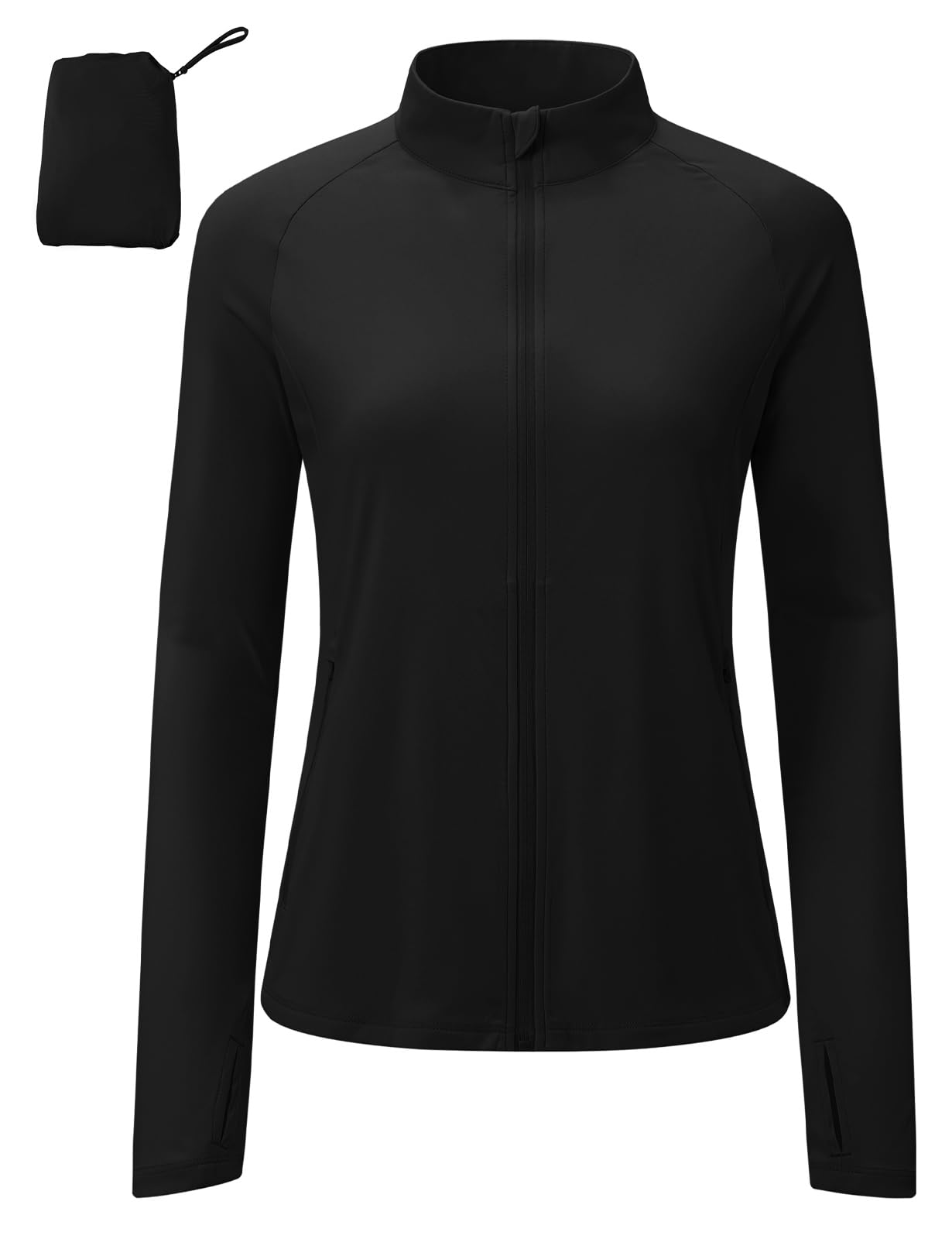 BGOWATU Women's Lightweight Workout Athletic Jacket UPF 50+ Zip Up Running Yoga Jackets Sun Shirt with Thumb Holes Black L