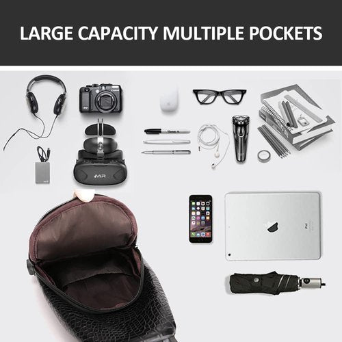 Peicees Pack of 2 Leather Sling Bag Mens Crossbody Bag Chest Bag Sling Backpack for Men with USB Charge Port, Crocodile Grained Black & Classic Black
