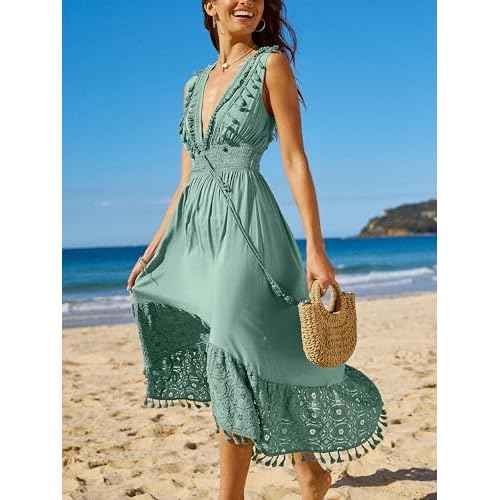 CUPSHE Women's Maxi Dress V Neck Sleeveless Lace Tassel Smocked Waist Cover Up Beach Formal Long Dress