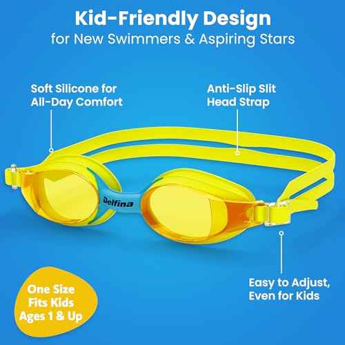 Delfina Toddler Swimming Goggles ? 2 to 7 Years Old Kids Swim Goggles - Comfortable No Leak Anti-Fog Kids Goggle for Swimming