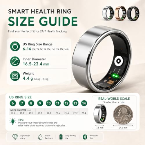 ZBNMY Smart Ring for Women & Men - Fitness Tracker with Heart Rate, Sleep, Steps, Waterproof, Black, Size 11
