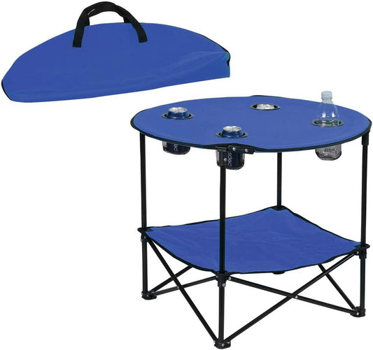 Preferred Nation | 2 Tier Folding Camping Table with 4 Mesh Cup Holders Black | Polyester with Metal Frame | Compact, Convenient Carry Case Included | Side Table for Tailgate