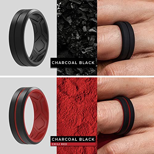 ThunderFit Silicone Wedding Rings for Men - 2 Layers Beveled Breathable 8.2mm Wide 2.5mm Thick - Pack Charcoal Black & Red / Charcoal Black & Grey