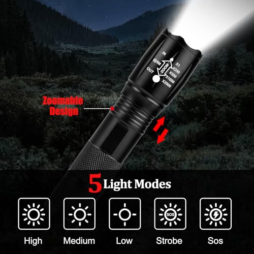 Black Zoomable LED Tactical Flashlight 5 Modes Bright Torch 2 Pack