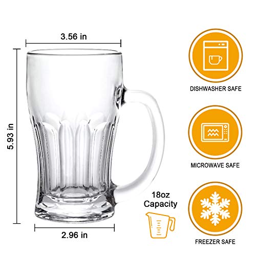 Fluted Beer Mugs Set 18oz Glass Drinkware with Handle - Pack of 8