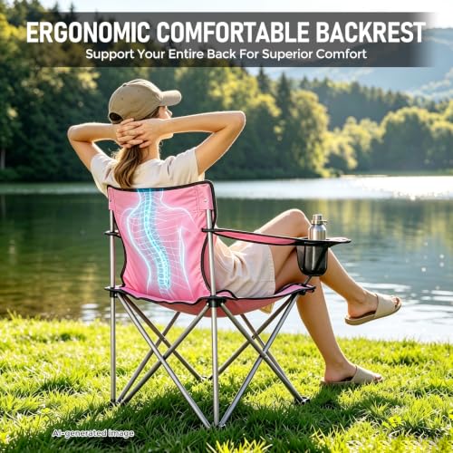 Pink Camping Chair with Cup Holder - Portable Folding Lawn Chair Supports 330LBS