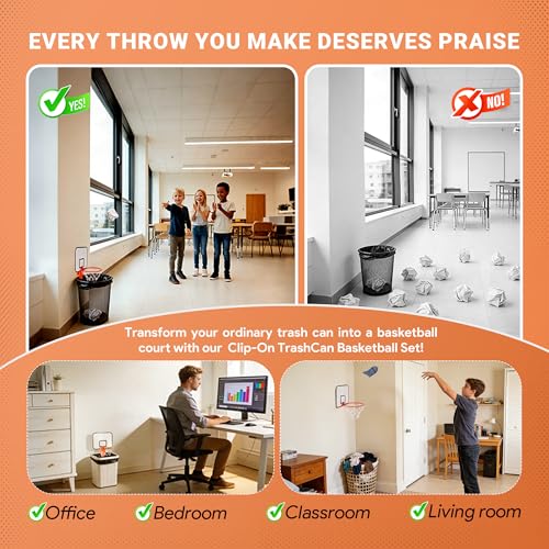 Mini Basketball Hoop Trash Can Set - Clip-On Office Desk & Door Mount with Silent Foam Ball - 1 Set