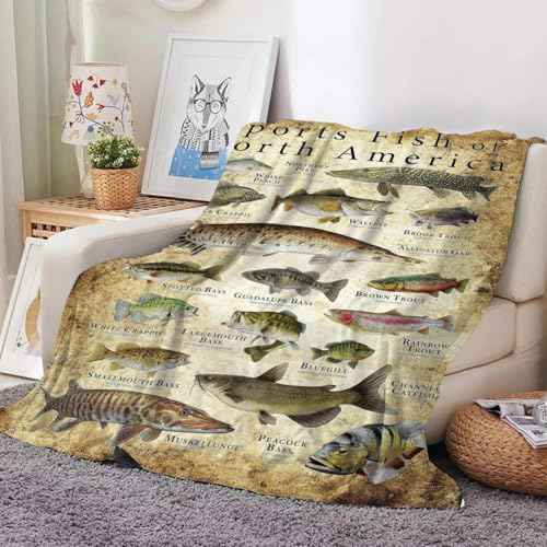Fishing Enthusiast Blanket - Sports Fish of North America, Fish Knowledge, Unique Fisherman Gifts for Boys, Dad, Grandpa (40in*60in)