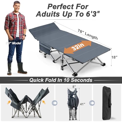 Oversized Camping Cot with Mattress Pad - Mist Variant, 78x32in, Heavy Duty Support