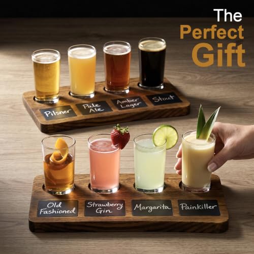 Brown Wood Beer Flight Set with 4 Glasses and Chalkboard Labels - 2 Pack