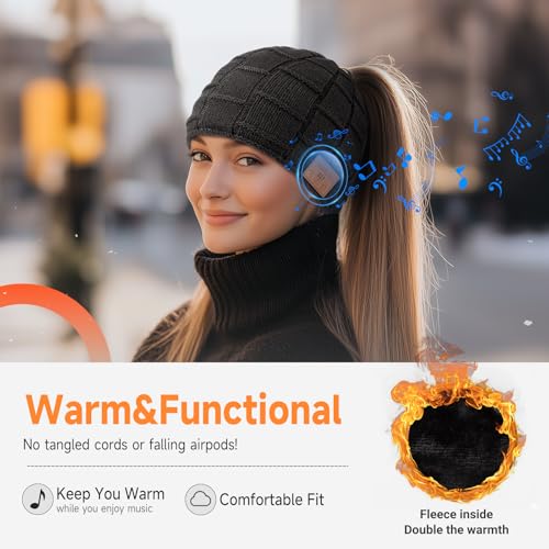 Bluetooth Beanie Hat, Women Rechargeable Headphone Beanie Cap, Windproof Winter Knit Cap, Crystal Clear Hands-Free Calling, Immersive Music Playback