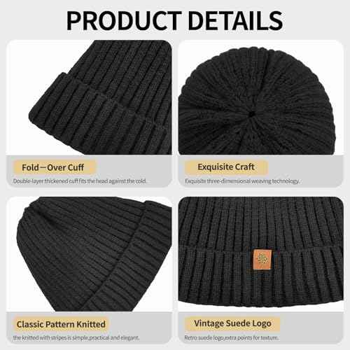 Winter Beanie Hats for Men Women Thermal Fleece Lined Soft Warm Knit Ski Cuffed Skull Caps for Cold Weather