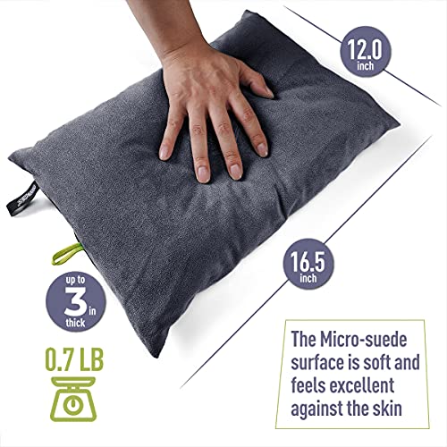 Gray Charcoal Down Filled Camping Pillow for Travel & Support, Washable Cover, Small Lightweight Cushion