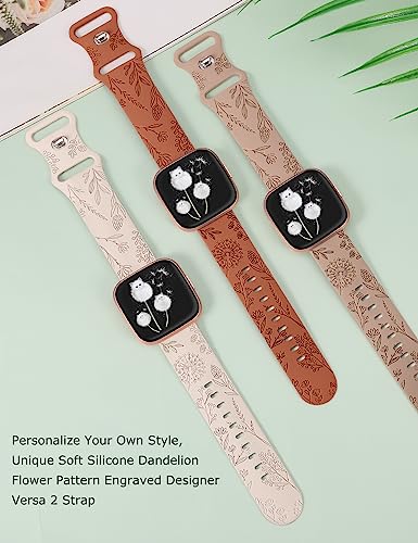 Minyee Floral Engraved Silicone Watch Band for Fitbit Versa 2 - Starlight & Nude & Brown