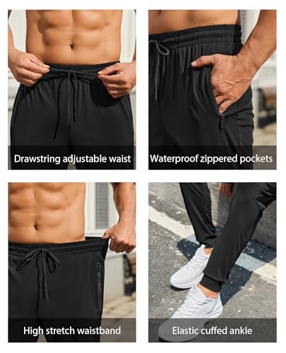 X-Large Mens Athletic Joggers with Zipper Pockets Lightweight Workout Sweatpants - Black