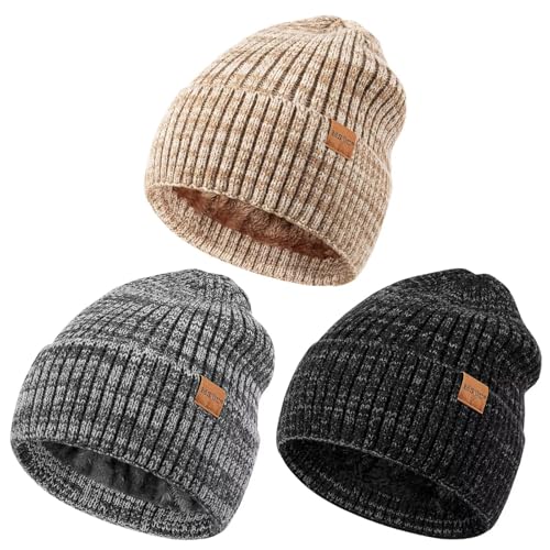 MSDC 3 Pack Winter Beanies for Men Women - Fleece Lined Knit Hats - Mix Black Beige Gray